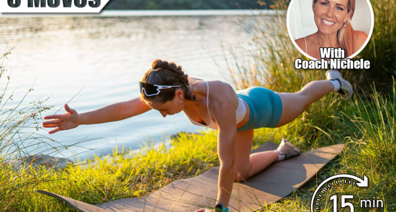 Young woman maintains balance and strengthens her core by practicing the bird-dog exercise on a yoga mat beside a tranquil lake at sunset. 5 Bodyweight Moves That Build Core Strength Better Than Gym Classes After 45. Cover