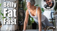 Happy smiling mature middle-aged woman with gray hair does plank exercise. Elderly lady with beautiful athletic body. Anti aging concept. 5 Bodyweight Moves That Melt Belly Fat Faster Than Planks After 45. Cover