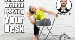 Yoga with a chair. Adult caucasian woman sits and practice side twists with props on a mat in loft white studio indoor, selective focus.5 Desk Stretches That Burn More Fat Than a 30-Minute Walk After 40. Cover
