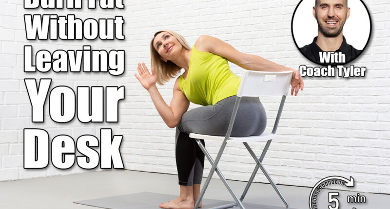 Yoga with a chair. Adult caucasian woman sits and practice side twists with props on a mat in loft white studio indoor, selective focus.5 Desk Stretches That Burn More Fat Than a 30-Minute Walk After 40. Cover