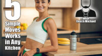 Happy woman in sportswear standing in home kitchen after doing workout. 5 Kitchen Counter Exercises That Work Better Than Expensive Equipment. Cover