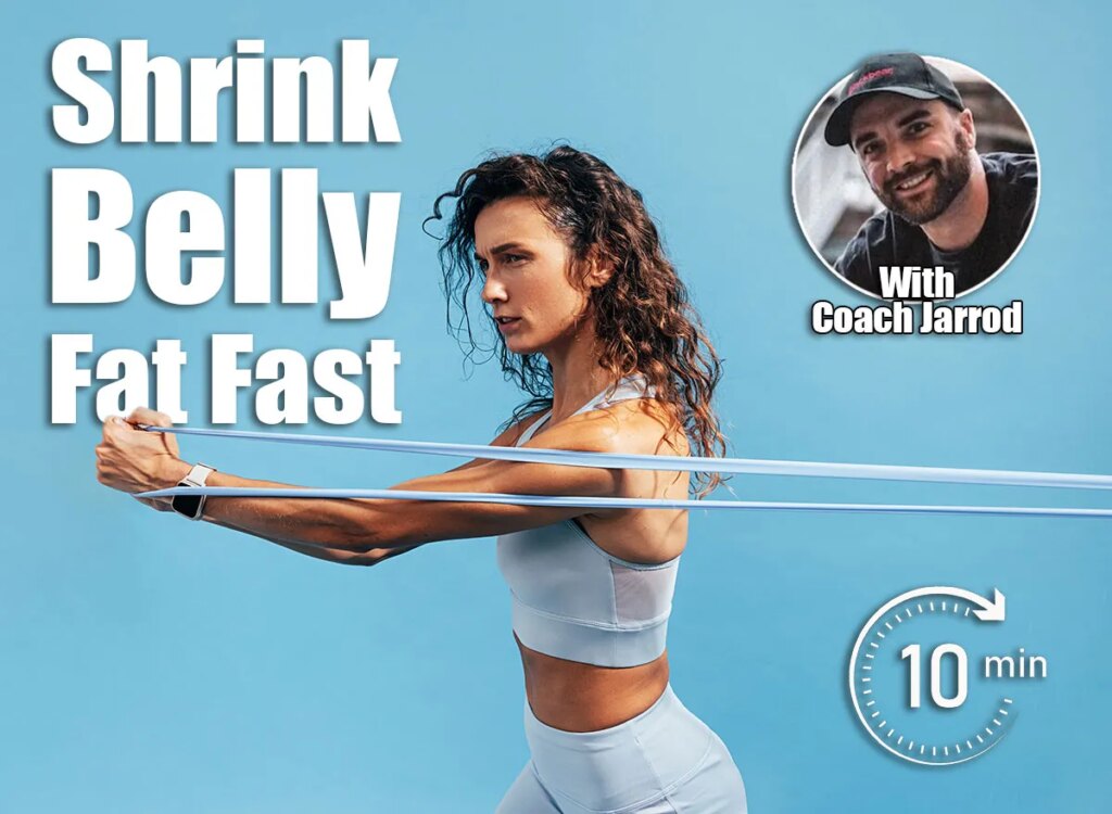 Strong woman workout with resistance band. Side view of young female using stretch bands. 5 Standing Moves That Flatten Your Stomach Faster Than Crunches After 40. Cover