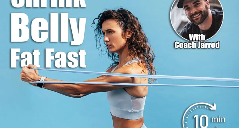 Strong woman workout with resistance band. Side view of young female using stretch bands. 5 Standing Moves That Flatten Your Stomach Faster Than Crunches After 40. Cover