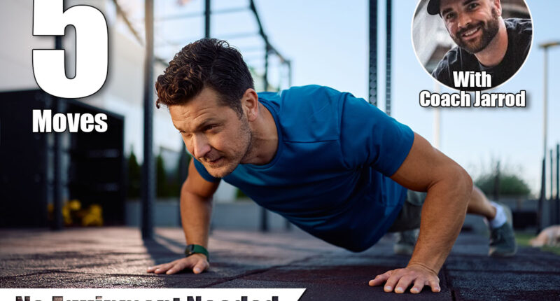 Male athlete exercising push-ups during strength training in outdoor gym. Copy space. 5 Strength Moves That Rebuild Muscle After 45 (No Equipment Needed). Cover