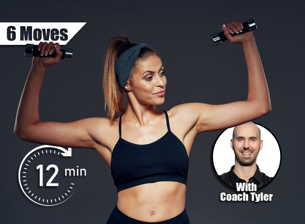 K short t-shirt woman with dumbbells fitness and biceps muscles. 6 Best Standing Exercises To Build Lean Muscle After 50 in 30 Days. Cover