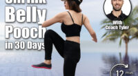 Woman doing high knee twist exercise on the beach with sunrise on the morning. 6 Best Standing Exercises To Shrink Belly Pooch in 30 Days. Cover