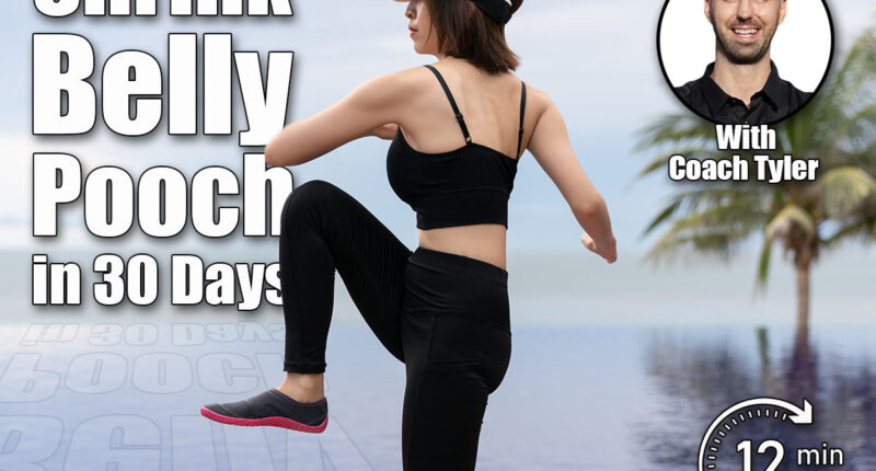 Woman doing high knee twist exercise on the beach with sunrise on the morning. 6 Best Standing Exercises To Shrink Belly Pooch in 30 Days. Cover