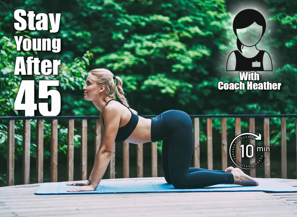 Pilates coach making stretching exercises for developing flexibility and better athletic form, fitness professional doing yoga on mat standing in cow pose on green background in nature environment. 7 Morning Exercises Women Should Do Every Day to Stay Young After 45. Cover