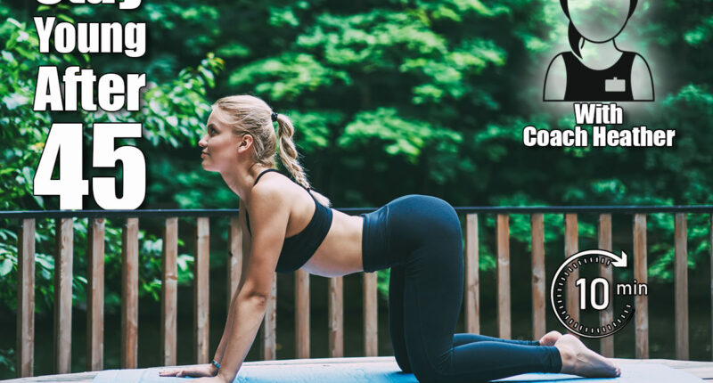 Pilates coach making stretching exercises for developing flexibility and better athletic form, fitness professional doing yoga on mat standing in cow pose on green background in nature environment. 7 Morning Exercises Women Should Do Every Day to Stay Young After 45. Cover