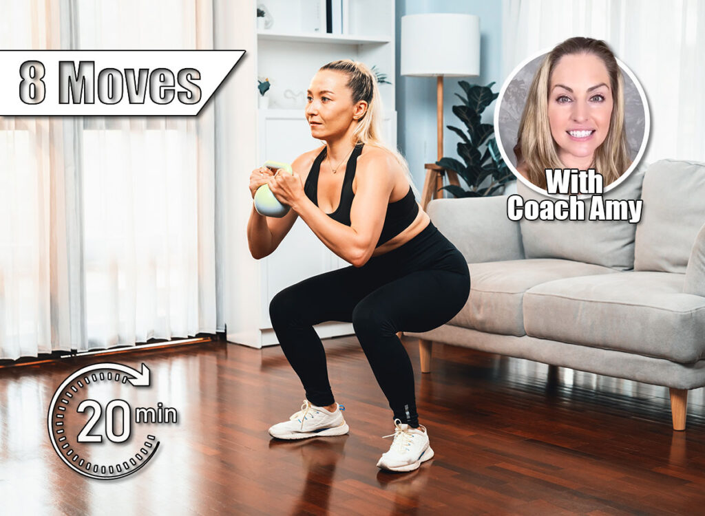 Athletic and sporty senior woman engaging in leg day training session with squat and bodyweight kettle ball at home exercise as concept of healthy fit body lifestyle after retirement. Clout. 8 Best Exercises for Women Over 45 To Live Longer. Cover