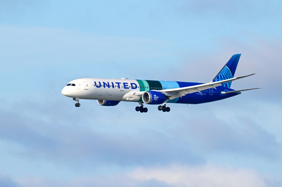 United Airlines plane landing.
