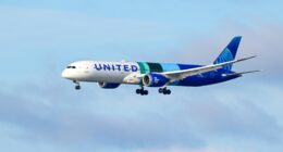 United Airlines plane landing.