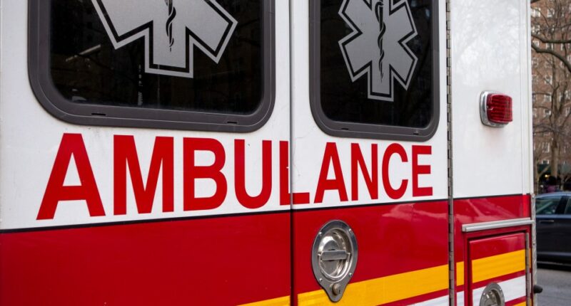 Close-up of an ambulance's side, showing the word "AMBULANCE" and the Star of Life.