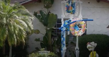 Skeleton decoration holding a pool noodle and inflatable ring in front of a house.