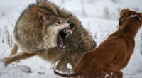 A wolf bares its teeth while attacking a wolfhound in the snow.