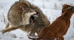 A wolf bares its teeth while attacking a wolfhound in the snow.
