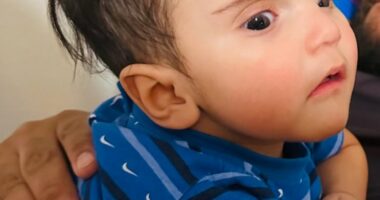 Photo of a baby wearing a blue shirt.
