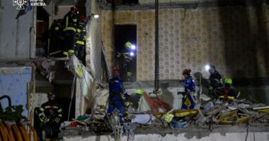 Rescuers searching for survivors in a damaged apartment building.