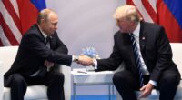 Presidents Trump and Putin shaking hands at a summit.