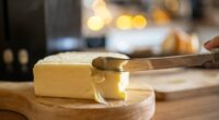 A knife cutting a block of butter on a wooden cutting board.