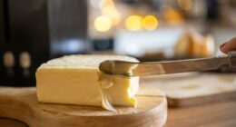 A knife cutting a block of butter on a wooden cutting board.