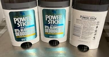 Three Power Stick 0% Aluminum deodorant sticks.