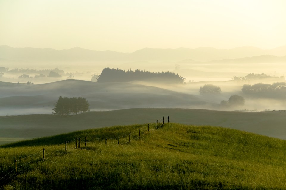 Misty sunrise over rolling hills and farmland.