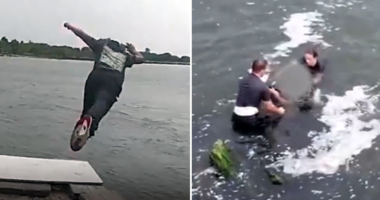 Female police officer leaps into water, fights career criminal before making arrest, video shows