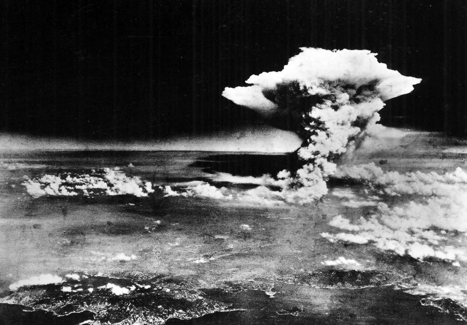 Aerial view of the atomic bomb explosion over Hiroshima, Japan.