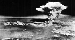 Aerial view of the atomic bomb explosion over Hiroshima, Japan.