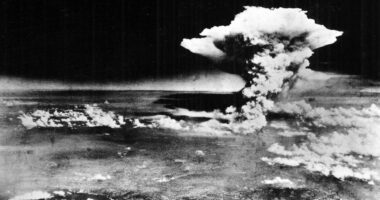 Aerial view of the atomic bomb explosion over Hiroshima, Japan.