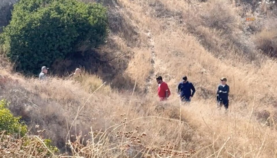 A group of people searching a dry, grassy hillside.