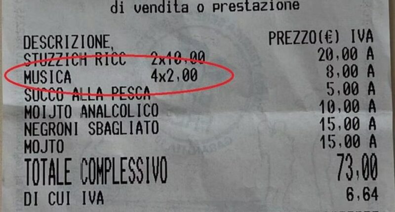 Receipt showing an 8.00 euro music charge.