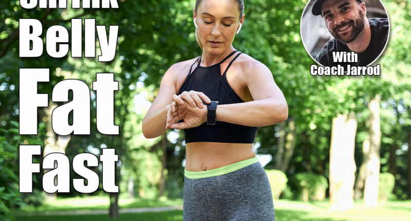 Jog in the morning. Beautiful sporty woman in sportswear and earphones looking at her watch and checking the result while jogging in a green park on a sunny summer day. Here’s How Long Your Walking Workout Should Be to Shrink Belly Fat. Cover