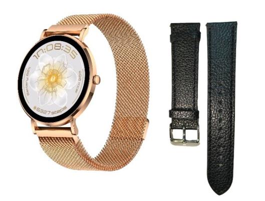 Smartwatch with rose gold mesh band and extra black leather bands.