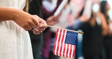 Person holding a small American flag at a naturalization ceremony.