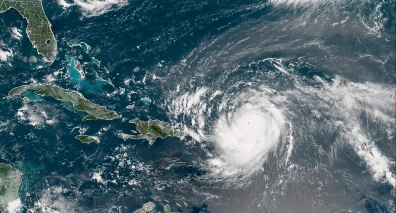 Satellite image of Hurricane Erin, a Category 4 storm near the Caribbean.