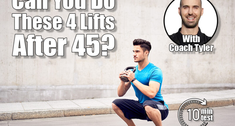 Muscular man doing squats with kettlebell in the city. If You Can Complete These 4 Lifts After 45, You