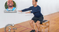 Middle age man demonstrates bench squat strength exercise. If You Can Complete This 2-Minute Test After 50, Your Strength Beats Most 30-Year-Olds. Cover