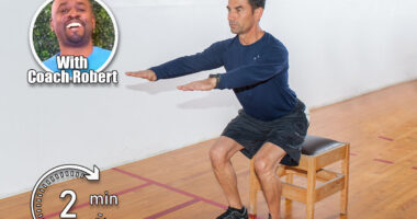 Middle age man demonstrates bench squat strength exercise. If You Can Complete This 2-Minute Test After 50, Your Strength Beats Most 30-Year-Olds. Cover