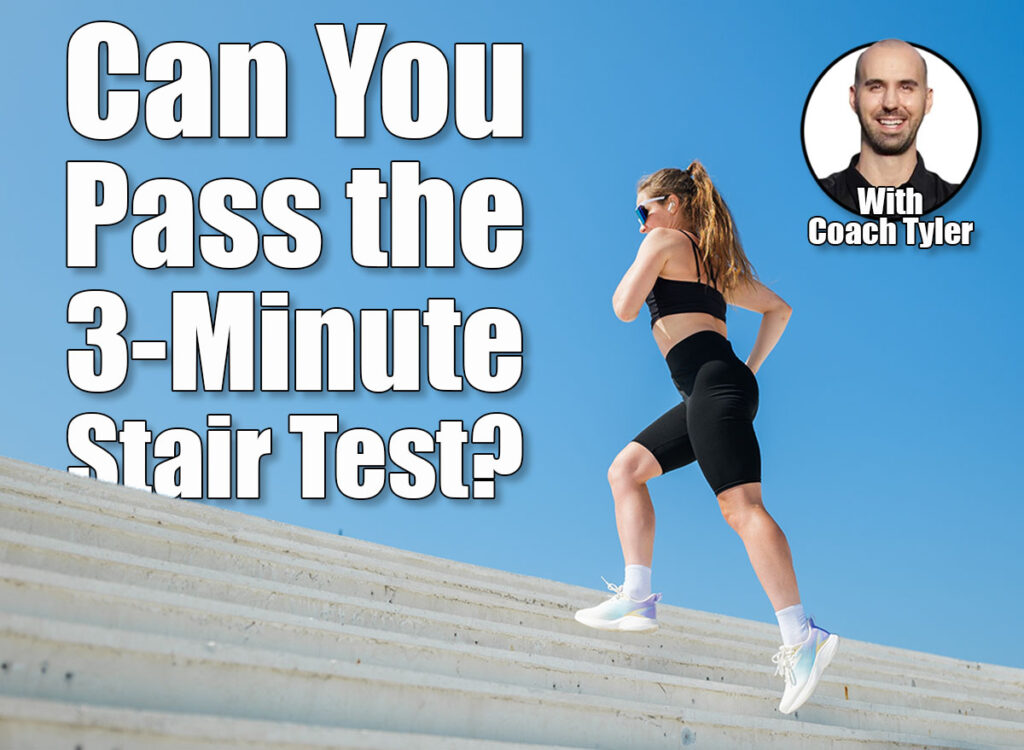 Running up stairs for a vibrant workout under a clear blue sky. If You Can Complete This 3-Minute Stair Test, Your Heart Is Decades Younger. Cover