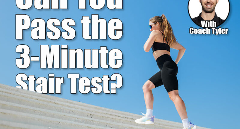 Running up stairs for a vibrant workout under a clear blue sky. If You Can Complete This 3-Minute Stair Test, Your Heart Is Decades Younger. Cover