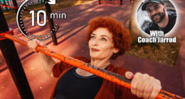 Top view portrait of adult pretty Caucasian woman push-up in horizontal bar. Concept of healthy lifestyle. If You Can Do These 3 Moves at 60, Your Body Is Aging Exceptionally Well. Cover