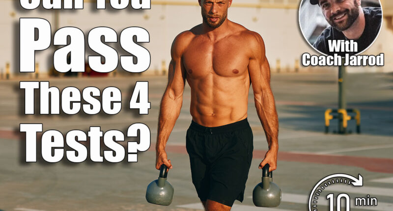 Muscular athlete walking and carrying two kettlebells in a parking lot. If You Can Pass These 4 Strength Tests After 45, Your Body Is Ahead of Its Time. Cover