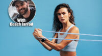Portrait of young fitness female training with resistance band on blue background. If You