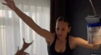 Woman attempting a high-heeled shoes challenge, falling.