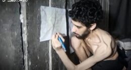 Screengrab of a malnourished Israeli hostage drawing on a wall.
