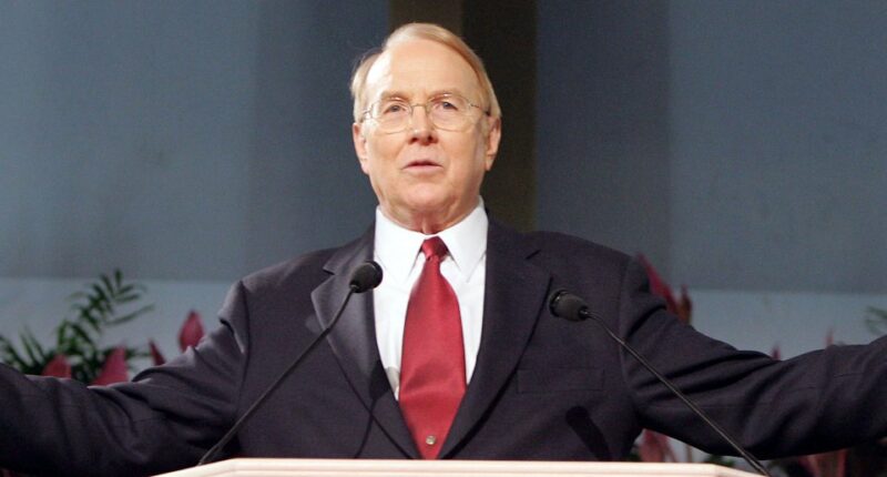 Dr. James Dobson speaking at a podium.