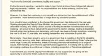 Resignation letter from Rushanara Ali to the Prime Minister.