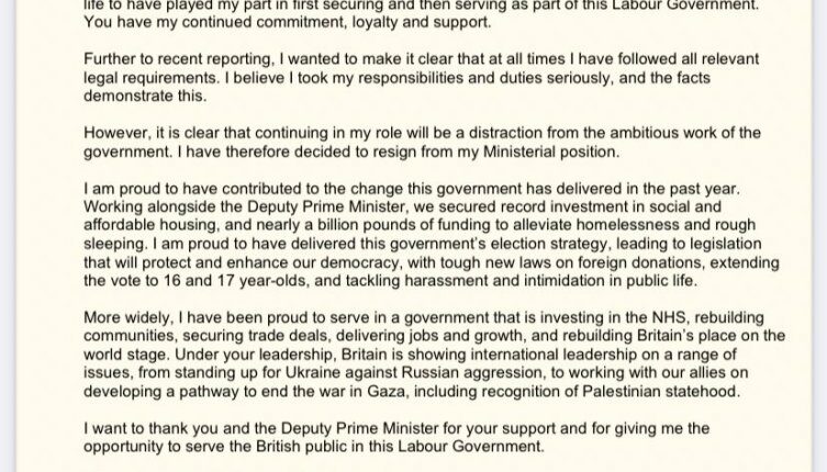 Resignation letter from Rushanara Ali to the Prime Minister.